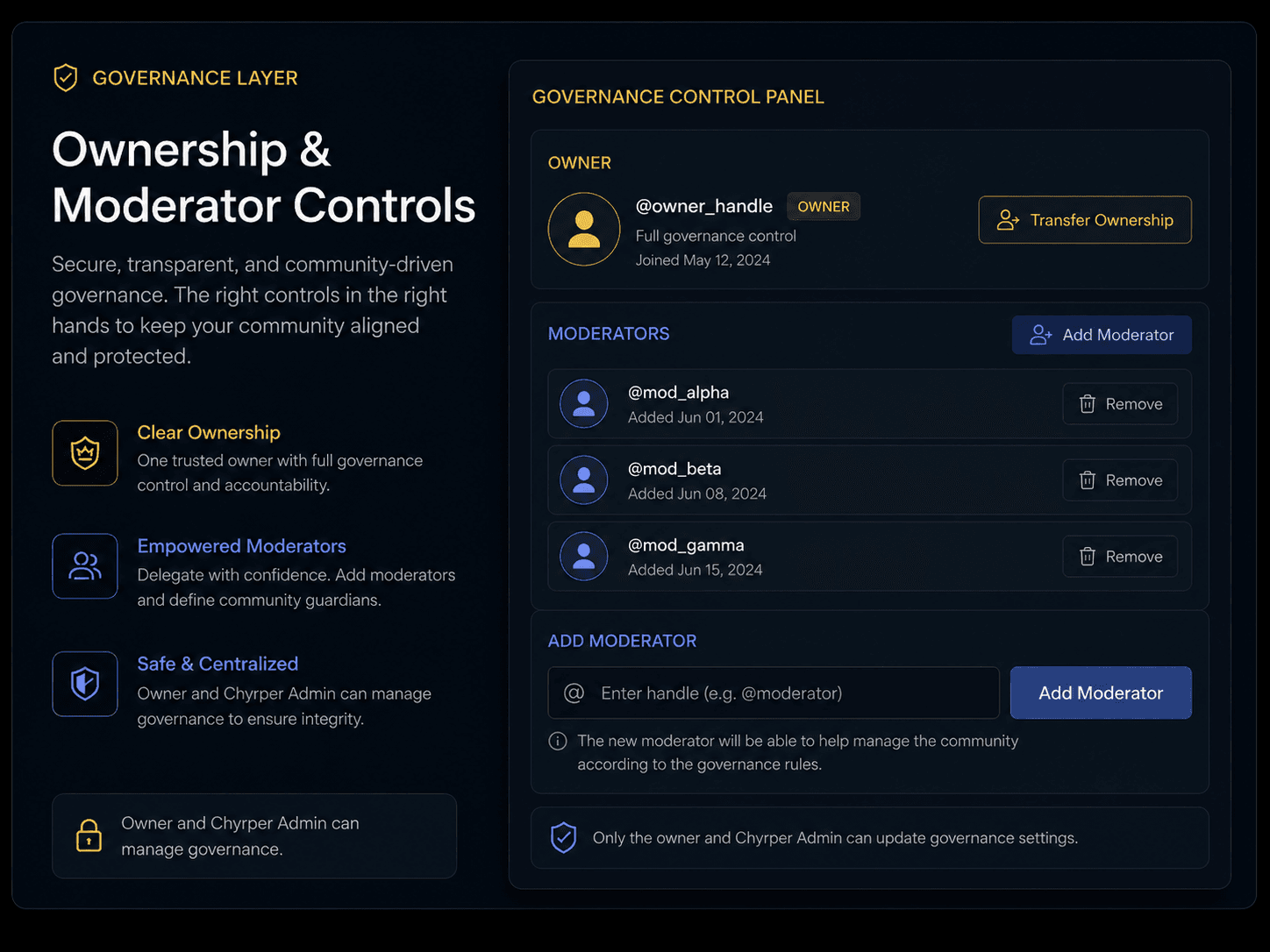 Governance layer ownership and moderator controls onboarding asset
